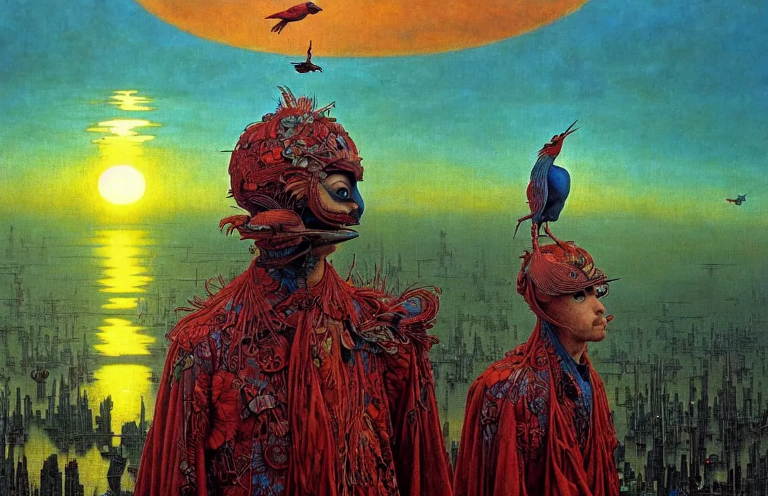 Image similar to realistic detailed portrait movie shot of a birdman wearing dark ragged robes, futuristic city sunset landscape background by denis villeneuve, amano, yves tanguy, alphonse mucha, ernst haeckel, max ernst, roger dean, masterpiece, rich moody colours, bird head, blue eyes, hyperdetailed