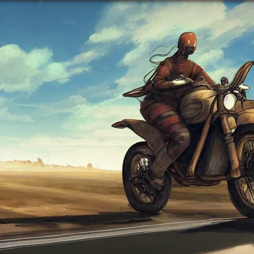 Prompt: POV of driving a motorcycle through a dystopian wasteland, with giant airpods in the sky, clouds of miasma, drab colors, by Jenks Pafroot and Williamsi Williamson, concept art, wild style