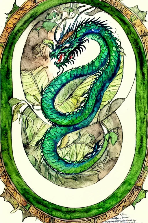 Image similar to green dragon watercolor painting in the center of a circular frame of leaves, art by walter crane and arthur rackham, illustration style, watercolor