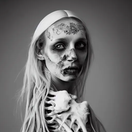 Image similar to bone fairy portrait, she is made of bones studio lighting, portrait photography, black - and - white photography, hyper realism, fantasy, 4 k,