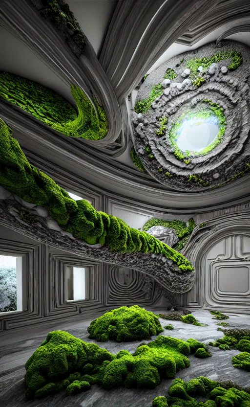 Image similar to highly detailed ultra sharp 3 d render villa interior cinematic composition of a smooth ceramic porcelain biomorphic magnolia stone nebula fluid fractal sci - fi surreal architecture landscape, granite, metallic, magnesium, marble, moss and lichen, vincent callebaut composition, mamou - mani, archviz, beautiful lighting, 8 k, unreal engine, hdr,