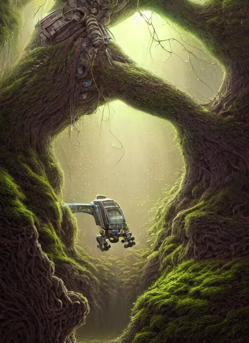 Prompt: Portrait of an Ancient Robot with a tree growing out of its head, patches of moss, translucent leaves, extremly detailed digital painting, in the style of Tomasz Alen Kopera and Fenghua Zhong and Peter Mohrbacher, mystical colors, rim light, beautiful lighting, 8k, stunning scene, raytracing, octane, trending on artstation