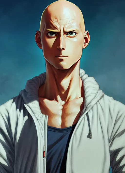 Image similar to handsome saitama, half body shot, path traced, fight scene, highly detailed, high quality, digital painting, alena aenami, lilia alvarado, shinji aramaki, karol bak, alphonse mucha, tom bagshaw