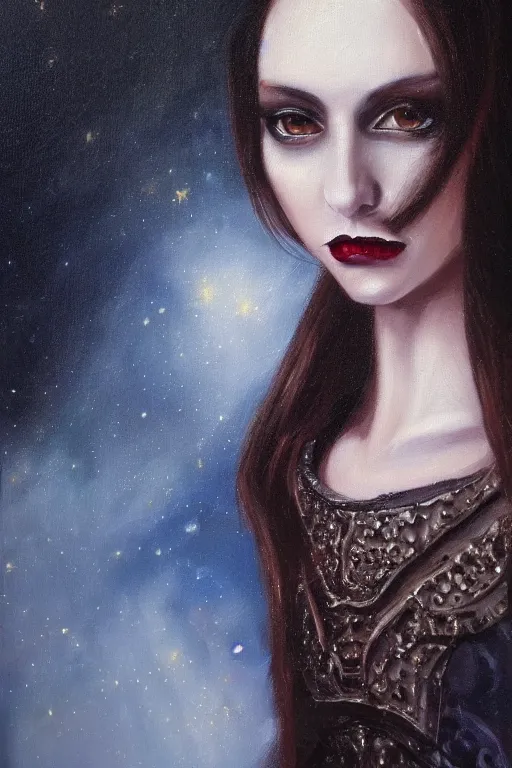 Image similar to hyperrealism oil painting, close - up portrait of european medieval brunette vampire fashion model, knight, steel gradient mixed with nebula sky, in style of baroque