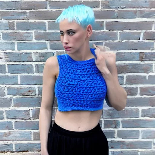 Image similar to “photo of Caucasian female model with blue hair wearing a crocheted crop top”