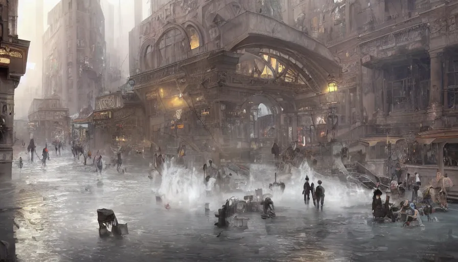 Image similar to City square in a Dieselpunk city, fontains with sculptures of people mixed with angines made from marble and petrol flowing instead of water, steam, epic composition, intricate, elegant, volumetric lighting, digital painting, highly detailed, artstation, sharp focus, illustration, concept art, ruan jia, steve mccurry