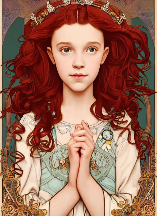 Prompt: well - lit art nouveau portrait of a 1 3 - year old girl who resembles millie bobby brown with red hair as a princess with intricate, ornate jewelry, natural lighting, path traced, highly detailed, high quality, cartoon, digital painting, by don bluth and ross tran and studio ghibli and alphonse mucha
