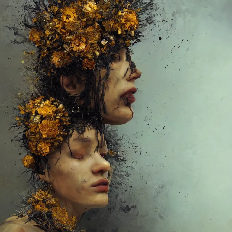 Image similar to A beautiful oil painting hyperrealism of a decayed black head, rotting black clay skin, gold flaked flowers, floral headdress, 8k resolution, octane render, Trending on artstation, by Gediminas Pranckevicius, volumetric light 2blue fractal Thunder glow by dan mumford, anaglyph effect, Laurie Lipton