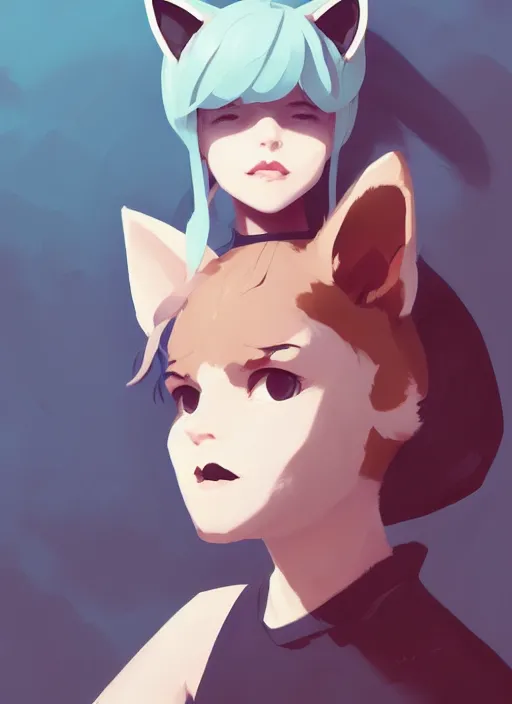 Image similar to portrait of cute catgirl with cat ears, by atey ghailan, by greg rutkowski, by greg tocchini, by james gilleard, by joe gb fenton, by in kaethe butcher, dynamic lighting, gradient light blue, brown, blonde cream and white color in scheme, grunge aesthetic