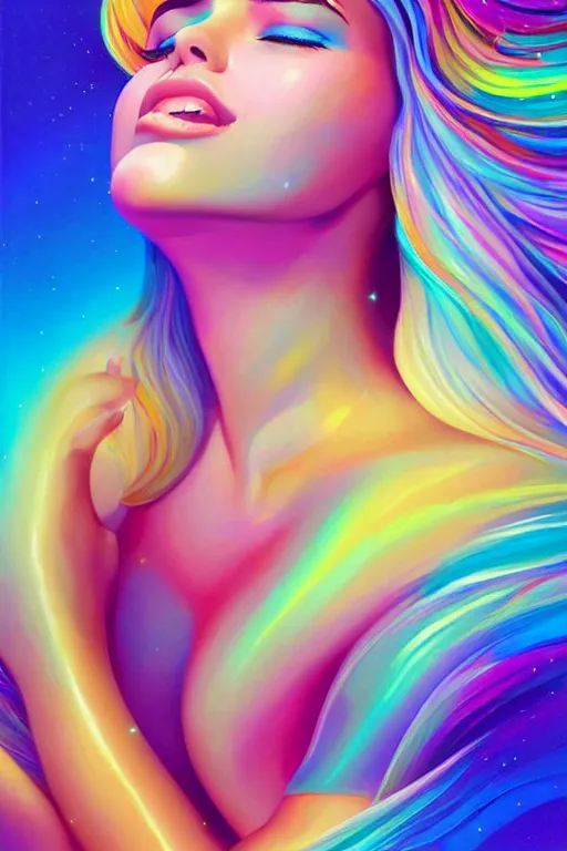 Prompt: a realistic colorful painting of a iridescent - haired woman with her eyes closed, digital art by rhads, lisa frank, clint cearley, trending on artstation, psychedelic art, psychedelic, vibrant colors, mystical, digital illustration