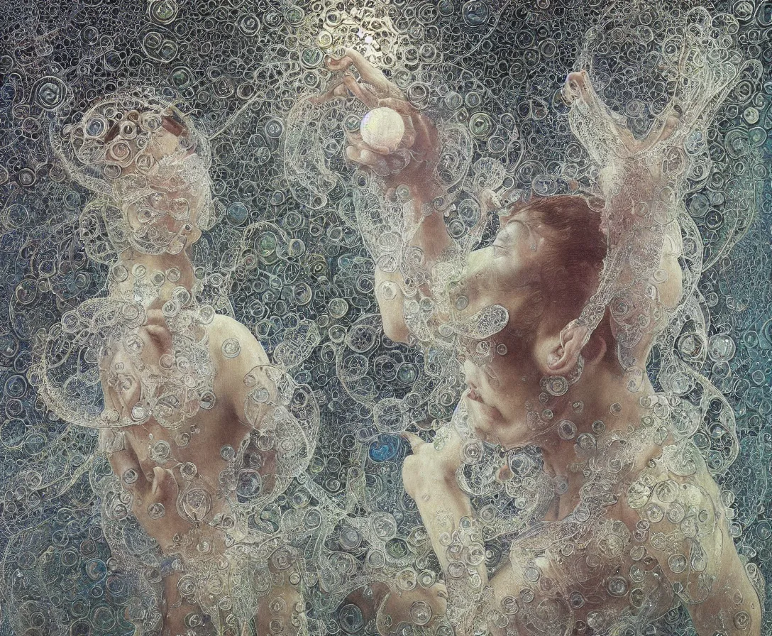 Prompt: realistic extremely detailed diamond 3d fractal lace iridescent bubble 3d skin photo style portrait painting of an average angel man with exposed clear brain , retro futuristic ,water , style hybrid mix of beeple,Anton Pieck,Jean Delville, Amano,Yves Tanguy, Alphonse Mucha, Ernst Haeckel, Edward Robert Hughes,Stanisław Szukalski and Roger Dean, rich moody colors,diamond dust glitter and sparkles,krypton ion,blue eyes,octane render,4k,f32