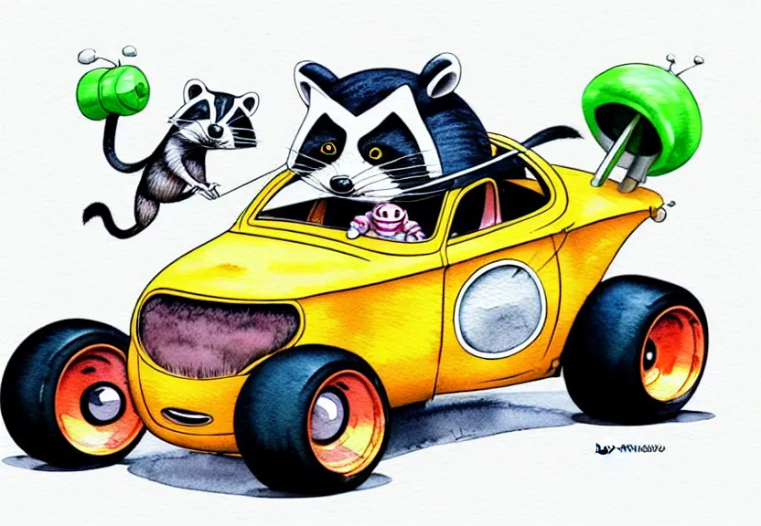 Image similar to cute and funny, racoon riding in a tiny hot rod coupe with oversized engine, ratfink style by ed roth, centered award winning watercolor pen illustration, isometric illustration by chihiro iwasaki, edited by range murata