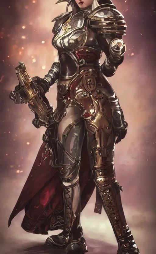 Prompt: beautiful female inquisitor, warhammer 40k, leather armor, bolt pistol in one hand, chainsword in the other, tight leather leggins, full body, ultra facial detail, Artgerm Greg in style of Alphonse Mucha artstation deviantart, 8k, fanart, extreme aesthetic