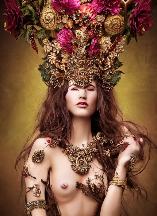 Prompt: expressive full body photo of a female model, ornate headpiece made from flowers, ornaments, glamour shot, by karol bak, by stefan gesell, photorealistic, canon r 3, fashion photography, detailed and intricate, perfect body shape, hyper maximalist, elegant, ornate, luxury, elite, environmental portrait, symmetrical features, octane render, unreal engine