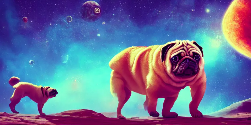 Image similar to giant pug walking on a planet, beautiful background, brightly colored, still, photograph, trending on artstation, dynamic lighting, cinematic, highly detailed, sharp focus, space, universe, stars