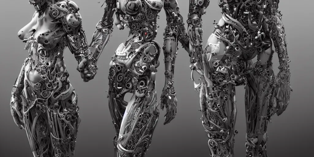 Image similar to photorealistic, gorgeous symmetrical female cyborg, holding hands, lovingly holding highly detailed, synthetic creation, intricate, in the style of beth cavener, jin kagetsu, wlop, masterpiece, concept art, high key lighting, ambient lighting, octane render, 8 k, artstation