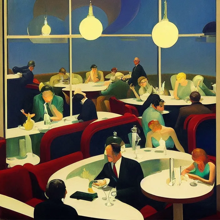 Prompt: people with spherical mirror heads, at art deco restaurant, open ceiling, highly detailed, painted by Edward Hopper, painted by James Gilleard