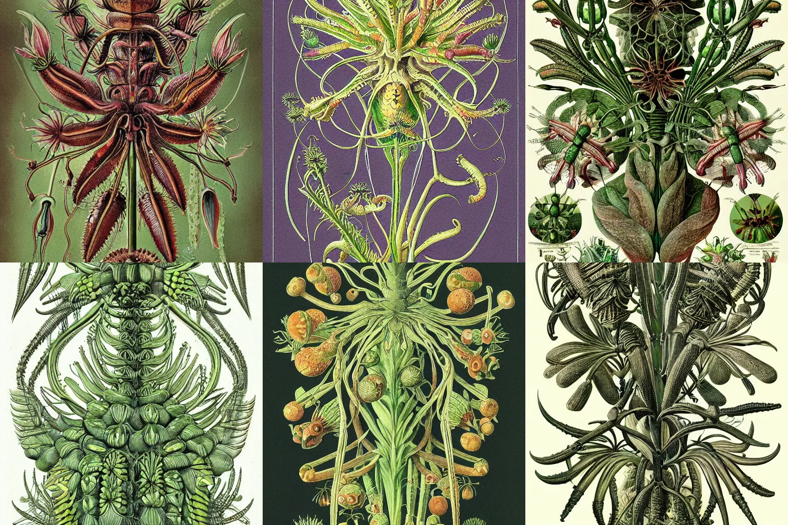 Prompt: alien insectoid plant with alien flower vintage botanical illustration style, made by Ernst Haeckel