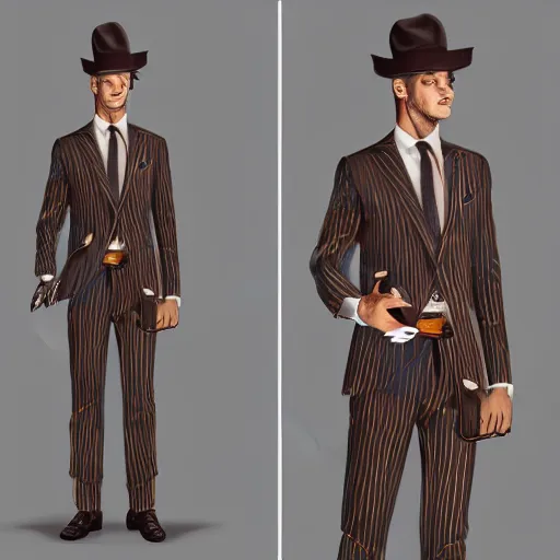 Prompt: a upper body portrait of a deer in a pinstriped suit and pants wearing a fedora with the antlers sticking out of the fedora by artgerm and wlop, intricate detail, digital art, photorealistic, trending on artstation