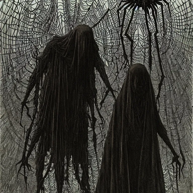 Image similar to a woman standing all covered in spiders. illustration of arachnophobia, fear of spiders, incredible number of spiders and bugs. extremely high details, spider paws, realistic, horror, creepy, web, masterpiece, art by zdzislaw beksinski, arthur rackham, dariusz zawadzki