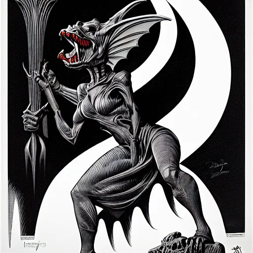 Prompt: medium gargoyle soft light, by bernie wrightson and joe fenton and jack gaughan, inspired art deco, black and red only, fine, sharp high detail,