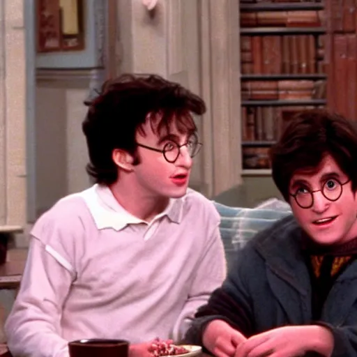 Prompt: harry potter starring in Seinfeld, screenshot, dinner with Elaine