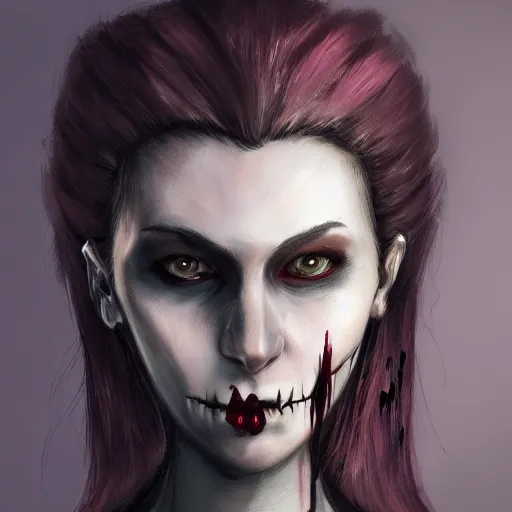 Image similar to a realistic head and shoulder professional portrait of a female vampire, painted in the style of bloodborne, interesting color use, vampire fashion, highly detailed, melancholy, vampire teeth