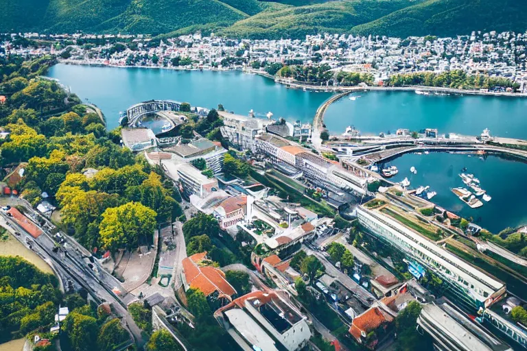 Image similar to bird's eye view photography of a small city. town hall, central farm, monorail station, beach and harbor. hills, woods and lake to the north.