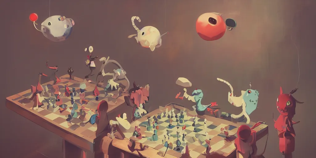 Prompt: cute anime monsters playing chess by Goro Fujita and Simon Stalenhag and Kandinsky and Picasso, 8k, trending on artstation, hyper detailed, cinematic