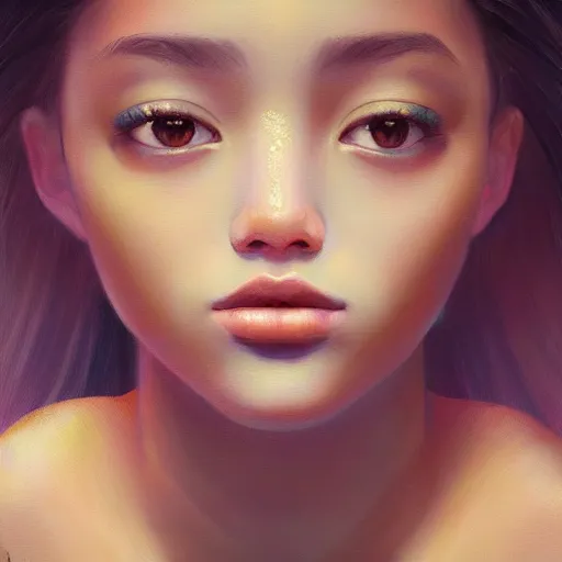 Prompt: a ultradetailed beautiful painting of a latina brazilian girl in amazonas by hsiao ron cheng, pretty faces and eyes, dougherty patrick archi, trending on artstation, mediterranean, palm trees, light sparkles, major arcana sky, sharp focus, soft light