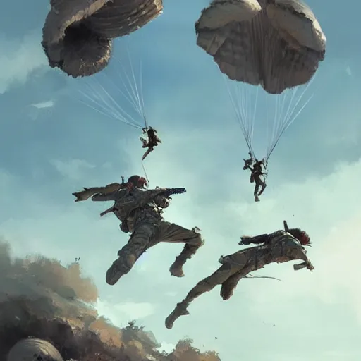 Image similar to airborne paratroopers jumping from parachutes, style of greg rutkowski