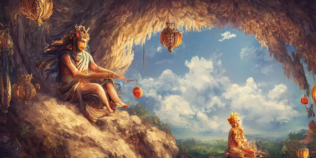 Image similar to painting of wind god enjoying the view from his ornate stone heavenly palace, decorated with windchimes and paper lanterns, nature and clouds in background, digital art, trending on artstation