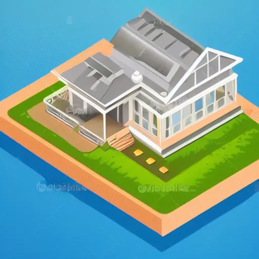 Prompt: an isometric illustration of a modern house by the beach,