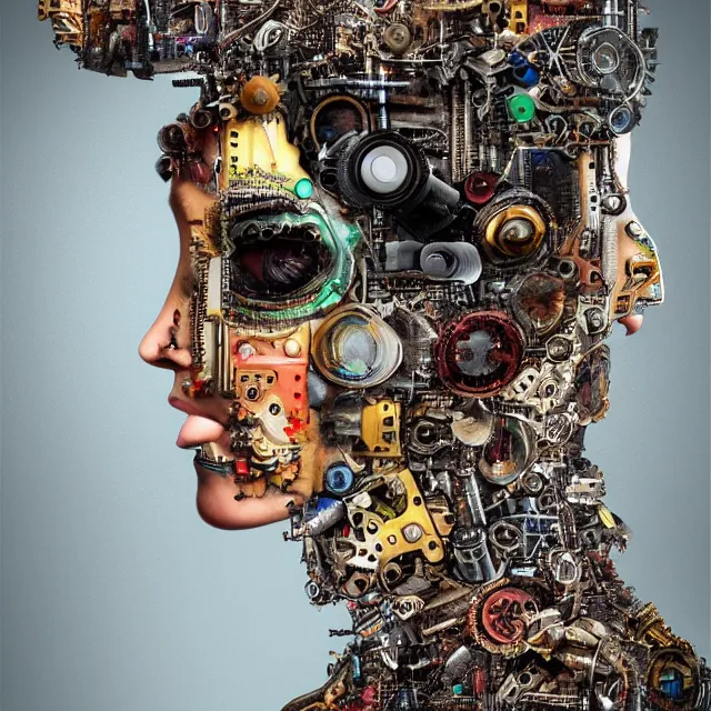 Prompt: profile portrait of a woman, computer parts, mechanical parts, by giuseppe arcimboldo, cyberpunk, futuristic, psychedelic, surreal, sci - fi, dreamlike.
