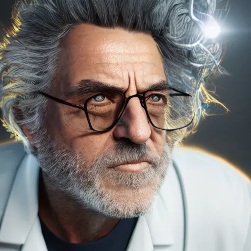 Prompt: portrait of older rick sanchez, lab coat and tee shirt, lens flare, atmosphere, glow, detailed, intricate, full of colour, cinematic lighting, trending on artstation, 4 k, hyperrealistic, focused, extreme details, unreal engine 5, cinematic, masterpiece