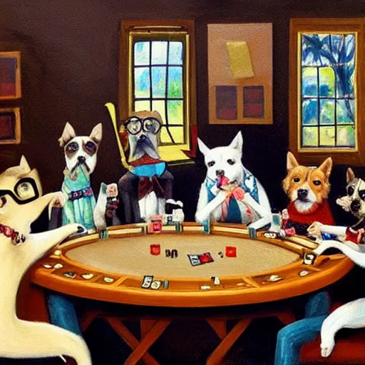 Prompt: a painting of hipster dogs playing poker,