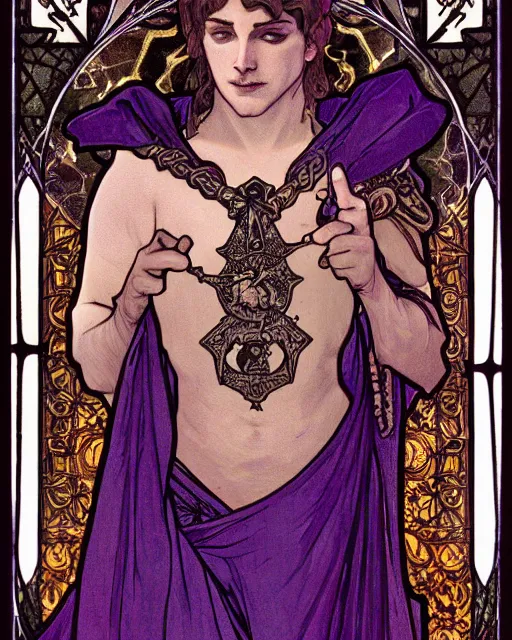 Prompt: tarot card, half - body, the devil, demon male, black and purple robes, beautiful, medieval, super detailed, ornate, by alphonse mucha, stjepan sejic, symmetry, 8 k, sharp focus