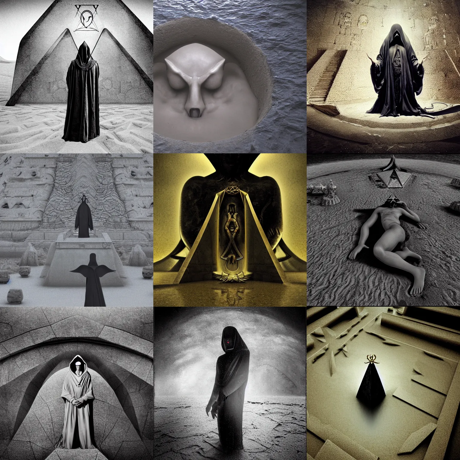 Prompt: Demonic masonic style occult hyperrealism cinematic dark magus style seinen manga film still inspired by tomb(1970), submerged temple scene, extreme closeup portrait of hooded cult master consuming regalia for infinite crow disciples, half submerged in heavy sand, tilt shift zaha hadid designed babylonian temple background, Panavision X III , 8K, 35mm lens, three point perspective, chiaroscuro, highly detailed, golden ratio, by Allister Crowley, by moma, by Nabbteeri by Sergey Piskunov