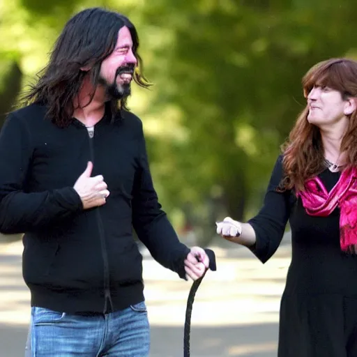 Prompt: dave grohl and tabitha soren talking a romantic walk in central park. the sun is setting.