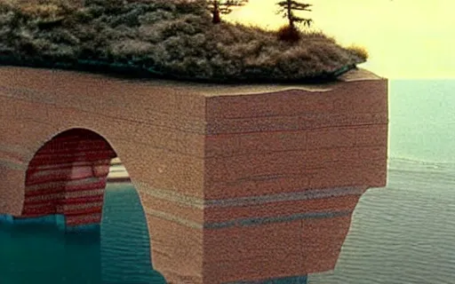 Image similar to a cliff jumping into waters that are a portal to a different dimension, film still by Wes Anderson
