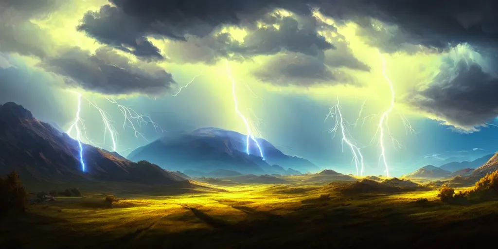 Prompt: a beautiful highland valley with a big blue sky, bright sun clouds and lightning, holy; detailed, best on artstation, cgsociety, wlop, cosmic, epic, stunning, gorgeous, masterpiece