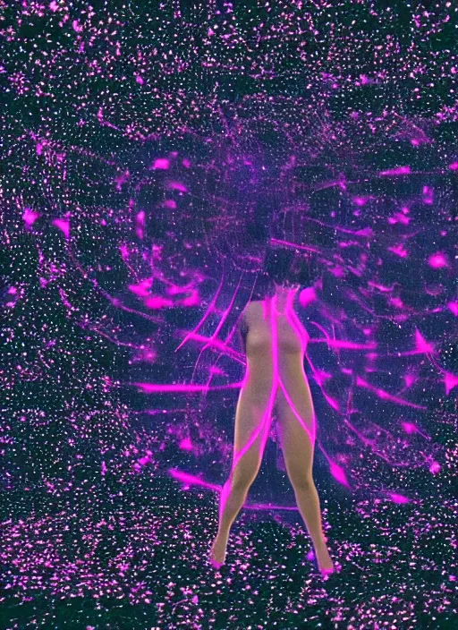 Image similar to a symmetrical female ascending astral projection, liquid glowing aura, motion blur, film grain, cinematic lighting, experimental film, shot on 1 6 mm