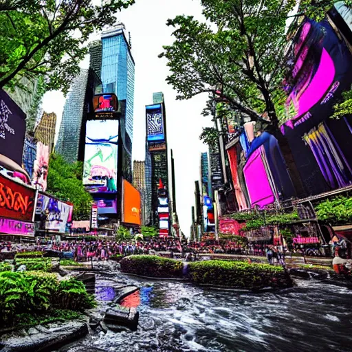 Prompt: Ruins of Times Square covered in foliage, plants, trees, flowers, water, award winning photography, HDR
