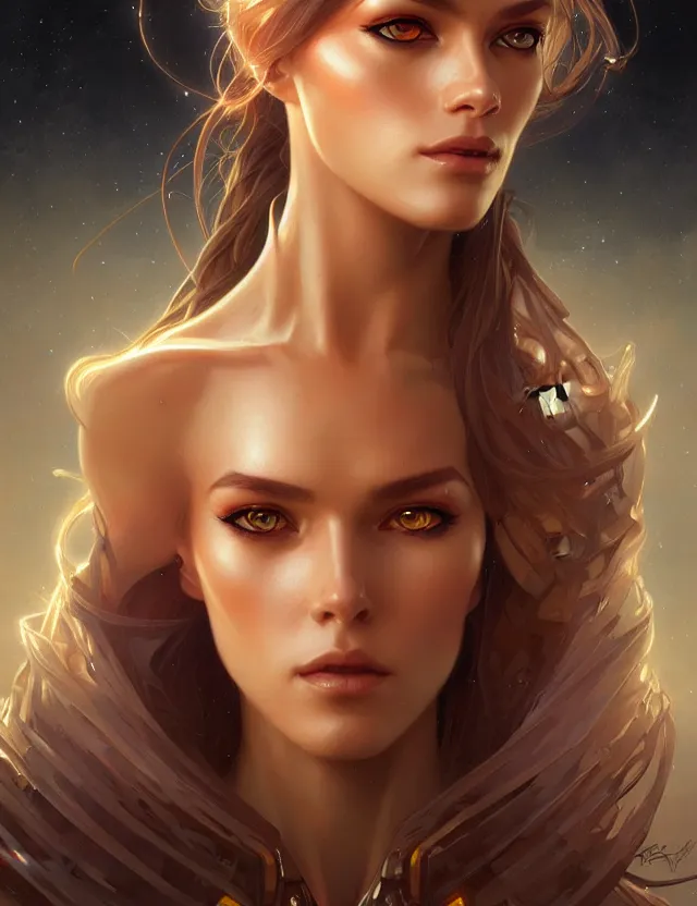 Image similar to futuristic woman portrait, sci-fi, amber eyes, face, long hair, fantasy, intricate, elegant, highly detailed, digital painting, artstation, concept art, smooth, sharp focus, illustration, art by artgerm and greg rutkowski and alphonse mucha