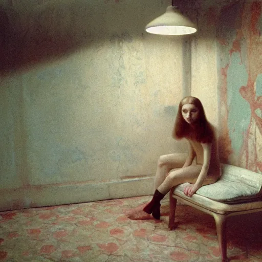 Prompt: an ivory girl in an soviet golden liminal abandoned room, film still by wes anderson, depicted by balthus, limited color palette, very intricate, art nouveau, highly detailed, lights by hopper, soft pastel colors