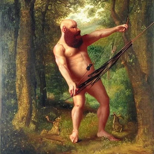 Prompt: bald man with a large red beard that's a centaur running through the forest holding a bow and arrow oil painting