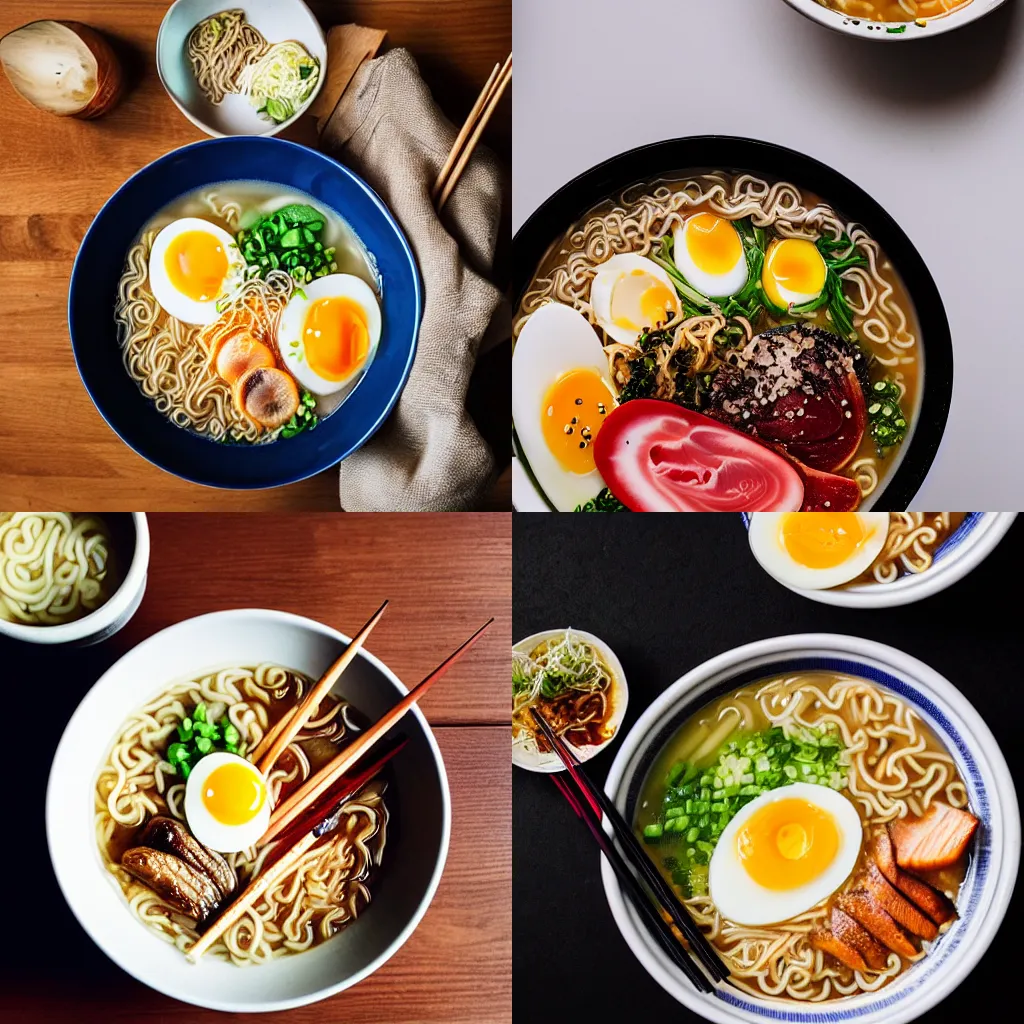 Prompt: A delicious bowl of ramen, food photography, egg