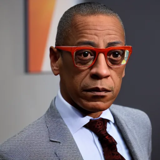 Prompt: Gus Fring looking into the camera and adjusting his tie, photo
