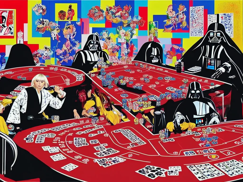 Image similar to hyper - realistic composition of a large room with an extremely detailed poker table in the center, woman in traditional japanese kimono standing nearby, darth vader sitting at the table, fireworks in the background, pop art style, jackie tsai style, andy warhol style, acrylic on canvas, dull palette