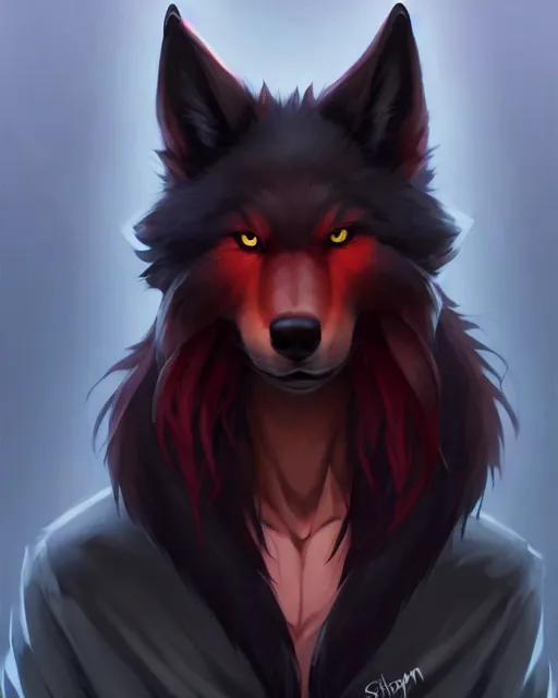 Image similar to character concept art of a black anthropomorphic furry male wolf with long red hair | | cute - fine - face, pretty face, key visual, realistic shaded perfect face, fine details by stanley artgerm lau, wlop, rossdraws, james jean, andrei riabovitchev, marc simonetti, and sakimichan, artstation